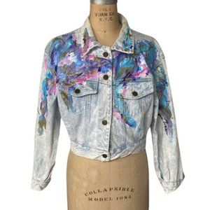 Vintage Women's Whitewashed Button Down Jean Jacket 90's Pockets Hand Painted Be